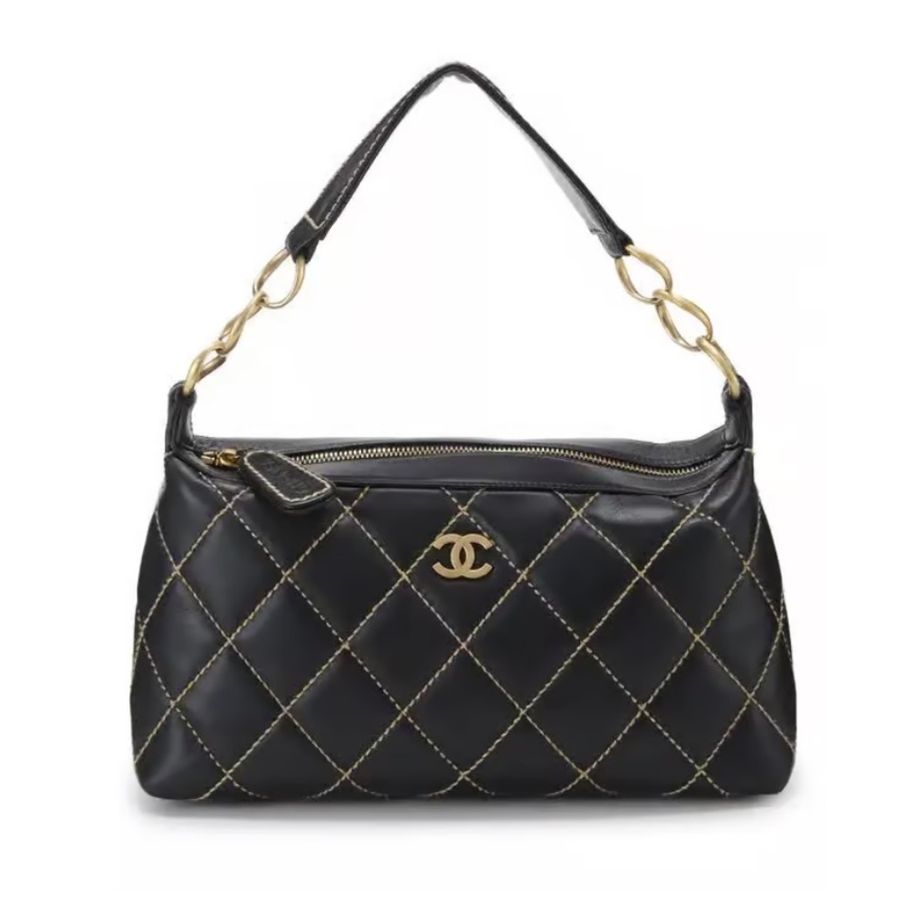 Vintage Chanel “Wild Stitch” Quilted Black Lambskin Leather Shoulder Bag